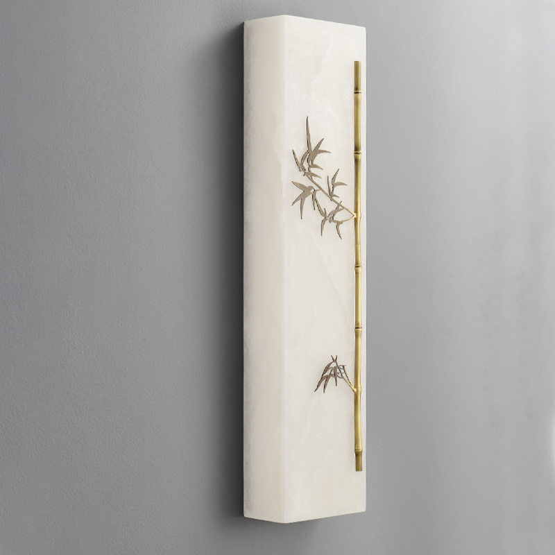 Traditional Chinese Copper Marble Rectangular Bamboo Pattern LED Wall Sconce Lamp For Bedroom