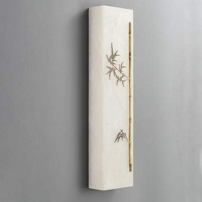 Traditional Chinese Copper Marble Rectangular Bamboo Pattern LED Wall Sconce Lamp For Bedroom