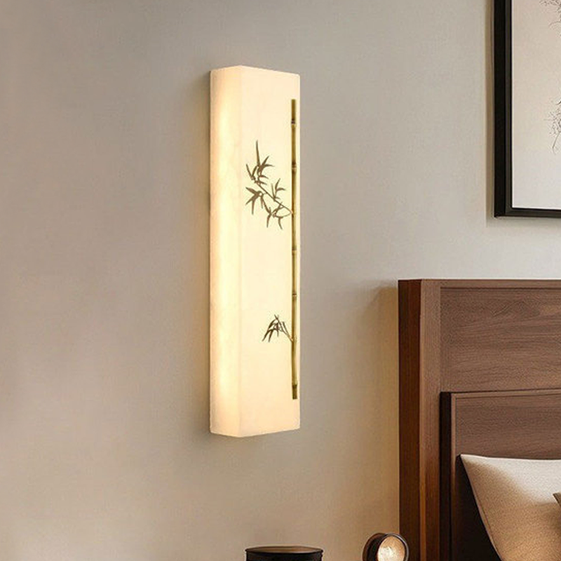 Traditional Chinese Copper Marble Rectangular Bamboo Pattern LED Wall Sconce Lamp For Bedroom