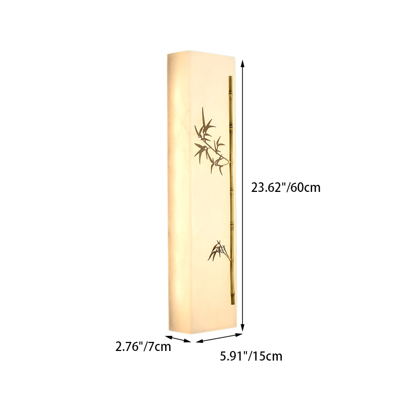 Traditional Chinese Copper Marble Rectangular Bamboo Pattern LED Wall Sconce Lamp For Bedroom