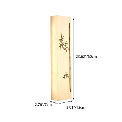 Traditional Chinese Copper Marble Rectangular Bamboo Pattern LED Wall Sconce Lamp For Bedroom