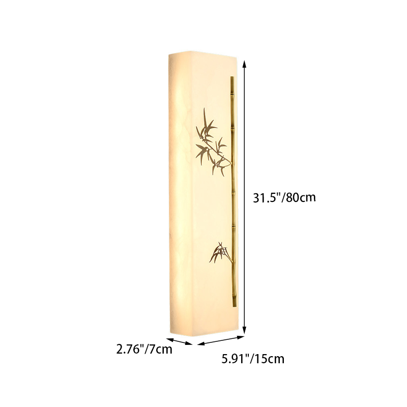 Traditional Chinese Copper Marble Rectangular Bamboo Pattern LED Wall Sconce Lamp For Bedroom