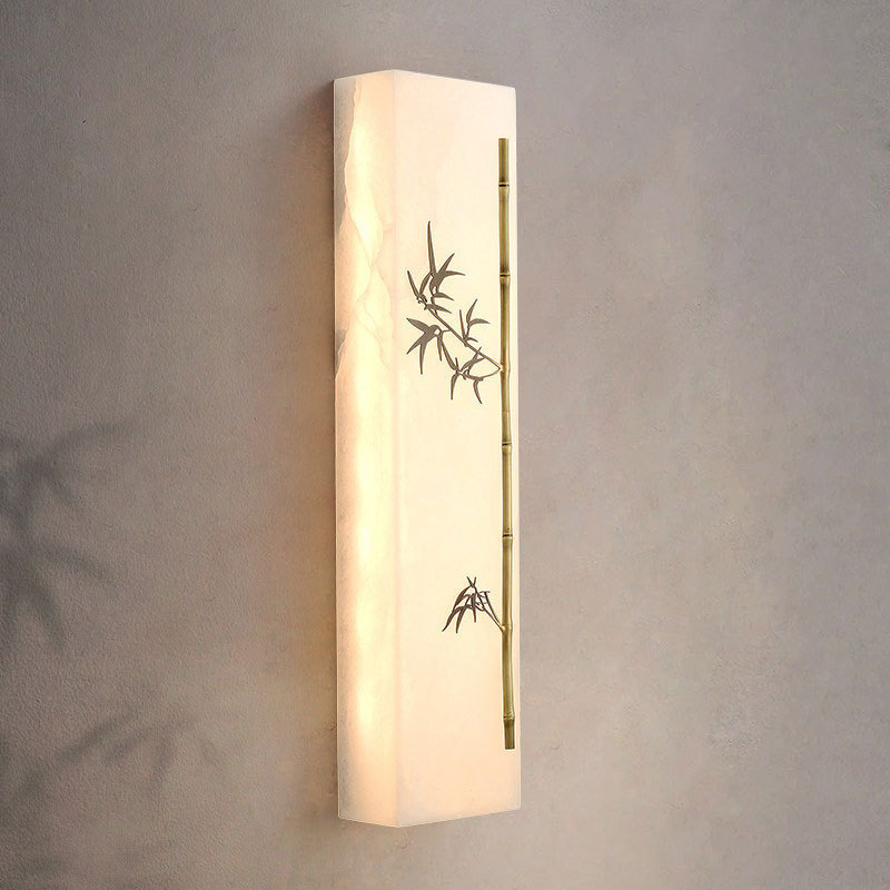 Traditional Chinese Copper Marble Rectangular Bamboo Pattern LED Wall Sconce Lamp For Bedroom