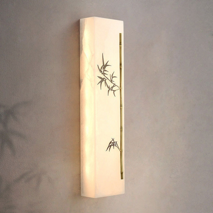 Traditional Chinese Copper Marble Rectangular Bamboo Pattern LED Wall Sconce Lamp For Bedroom