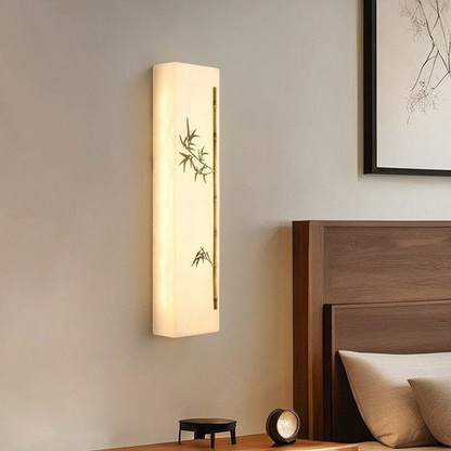 Traditional Chinese Copper Marble Rectangular Bamboo Pattern LED Wall Sconce Lamp For Bedroom