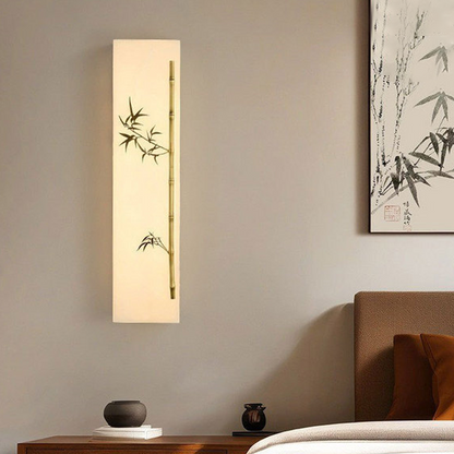 Traditional Chinese Copper Marble Rectangular Bamboo Pattern LED Wall Sconce Lamp For Bedroom