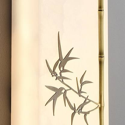 Traditional Chinese Copper Marble Rectangular Bamboo Pattern LED Wall Sconce Lamp For Bedroom