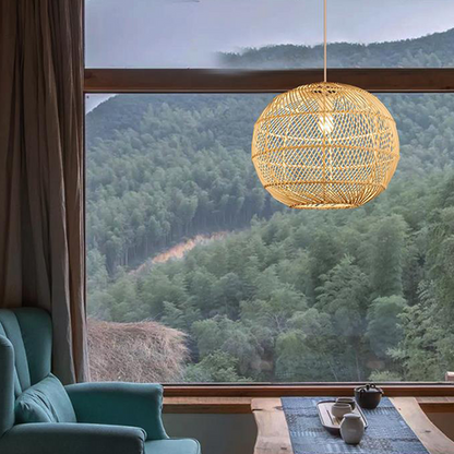 Traditional Japanese Hand-Woven Rattan Round 1-Light Pendant Light For Dining Room