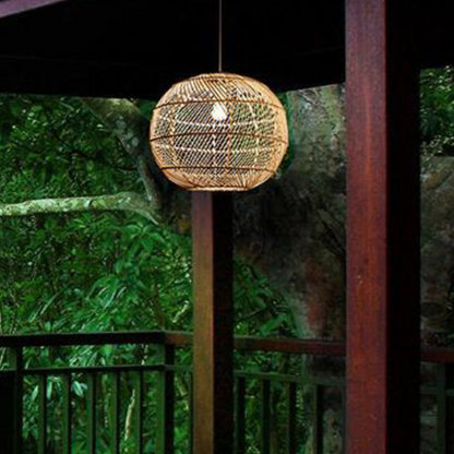 Traditional Japanese Hand-Woven Rattan Round 1-Light Pendant Light For Dining Room