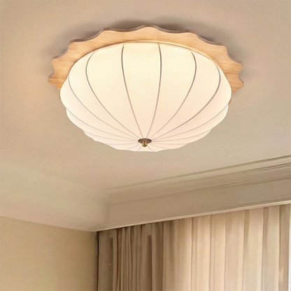 Modern Minimalist Oak Wood Fabric Round LED Flush Mount Ceiling Light For Living Room