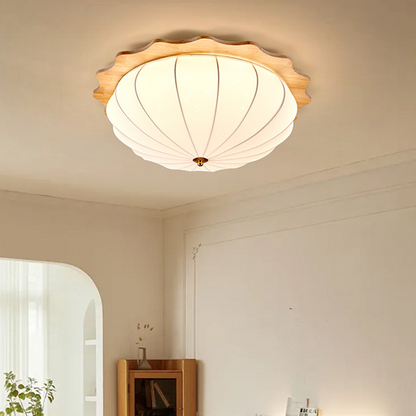 Modern Minimalist Oak Wood Fabric Round LED Flush Mount Ceiling Light For Living Room