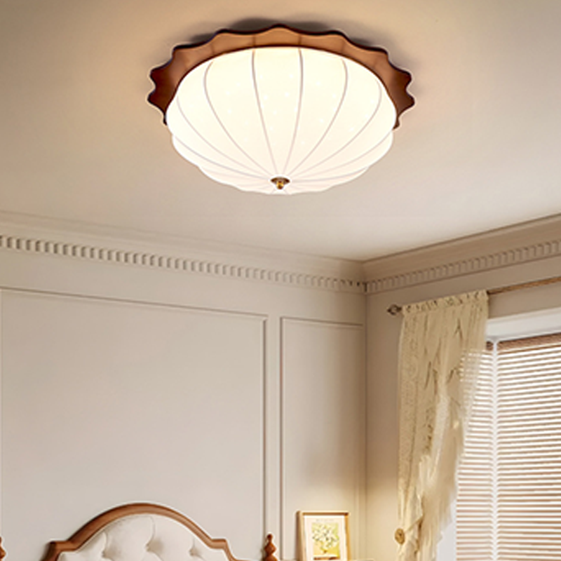 Modern Minimalist Oak Wood Fabric Round LED Flush Mount Ceiling Light For Living Room