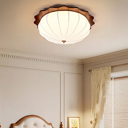 Modern Minimalist Oak Wood Fabric Round LED Flush Mount Ceiling Light For Living Room