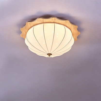 Modern Minimalist Oak Wood Fabric Round LED Flush Mount Ceiling Light For Living Room