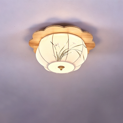 Traditional Chinese Floral Print Oak Wood Fabric Round LED Flush Mount Ceiling Light For Living Room