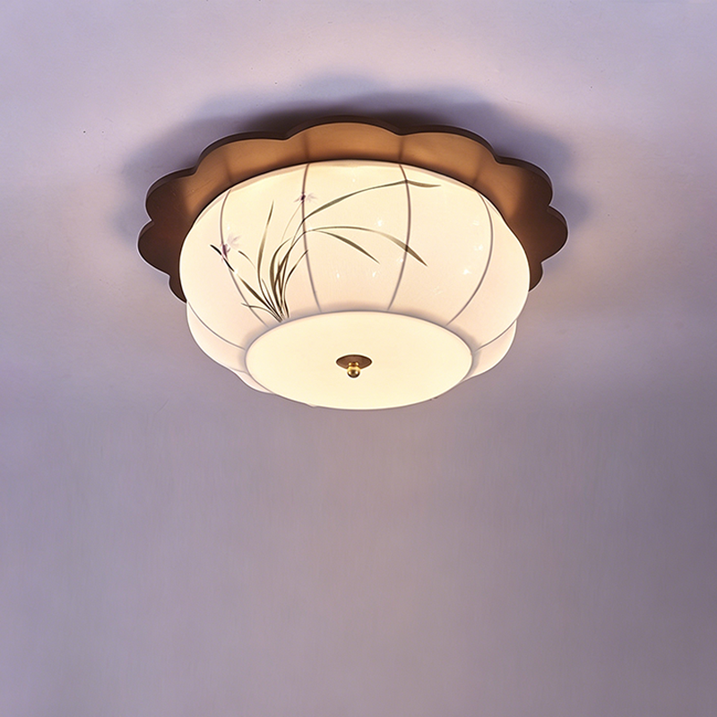 Traditional Chinese Floral Print Oak Wood Fabric Round LED Flush Mount Ceiling Light For Living Room