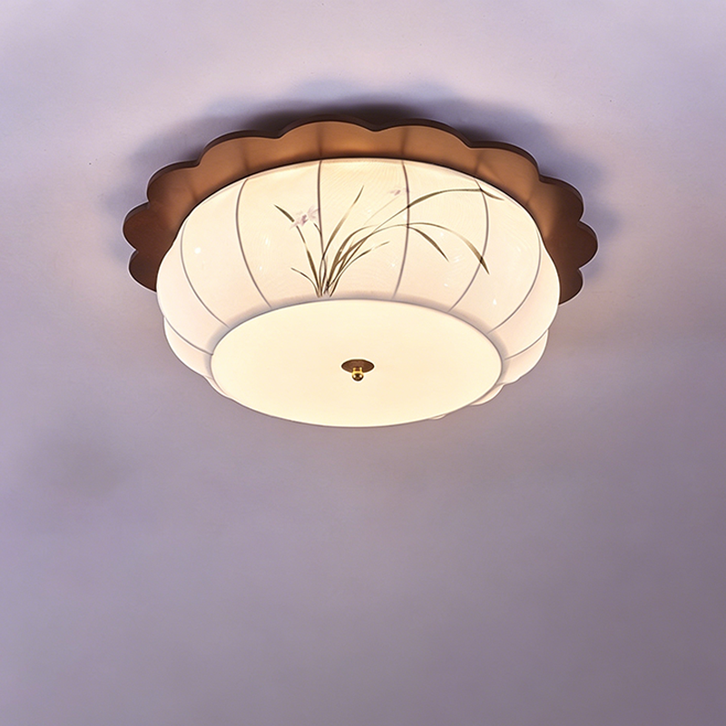 Traditional Chinese Floral Print Oak Wood Fabric Round LED Flush Mount Ceiling Light For Living Room