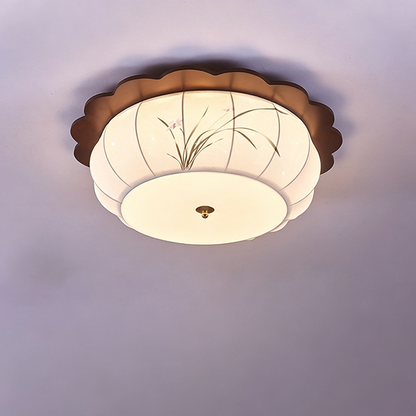 Traditional Chinese Floral Print Oak Wood Fabric Round LED Flush Mount Ceiling Light For Living Room