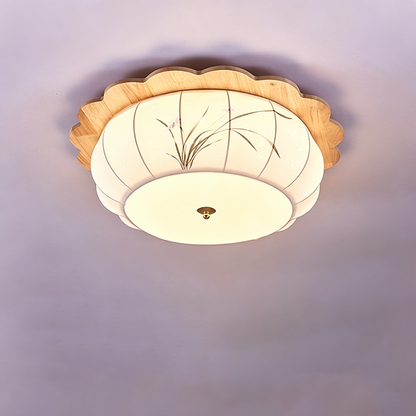 Traditional Chinese Floral Print Oak Wood Fabric Round LED Flush Mount Ceiling Light For Living Room