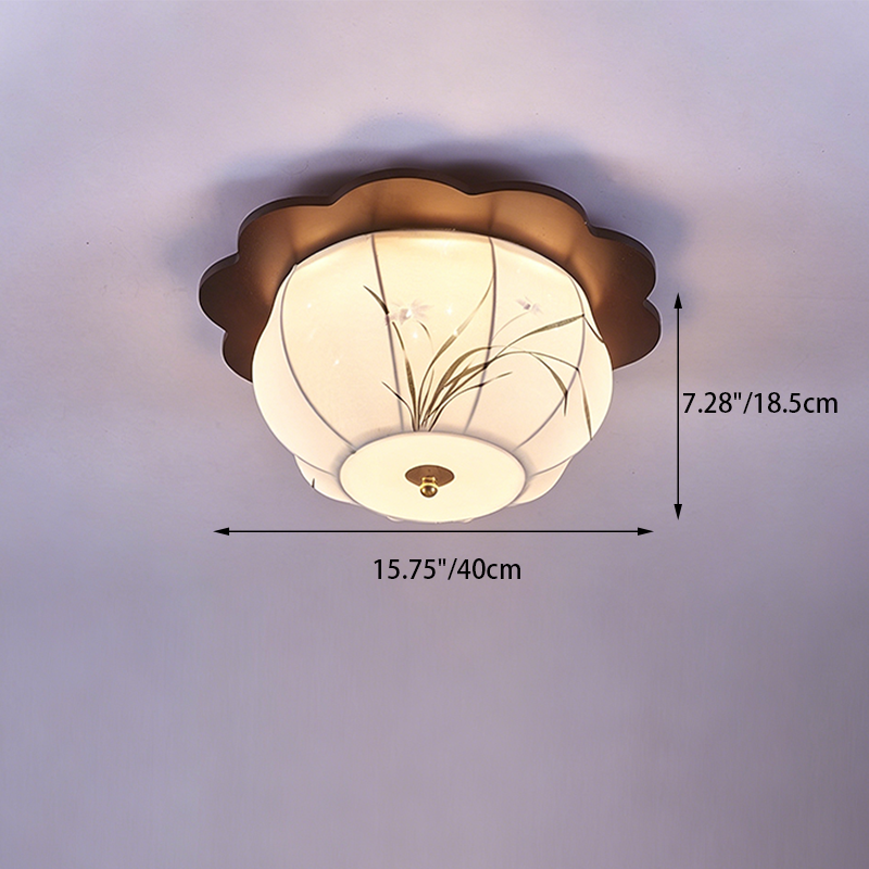 Traditional Chinese Floral Print Oak Wood Fabric Round LED Flush Mount Ceiling Light For Living Room