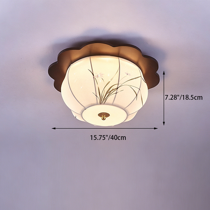 Traditional Chinese Floral Print Oak Wood Fabric Round LED Flush Mount Ceiling Light For Living Room