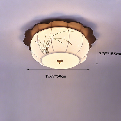 Traditional Chinese Floral Print Oak Wood Fabric Round LED Flush Mount Ceiling Light For Living Room