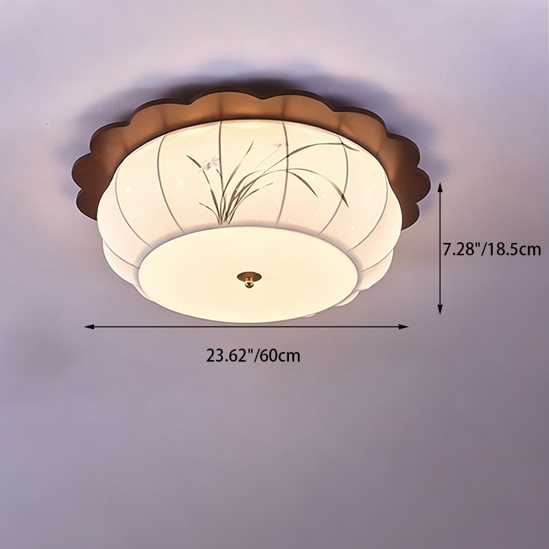 Traditional Chinese Floral Print Oak Wood Fabric Round LED Flush Mount Ceiling Light For Living Room