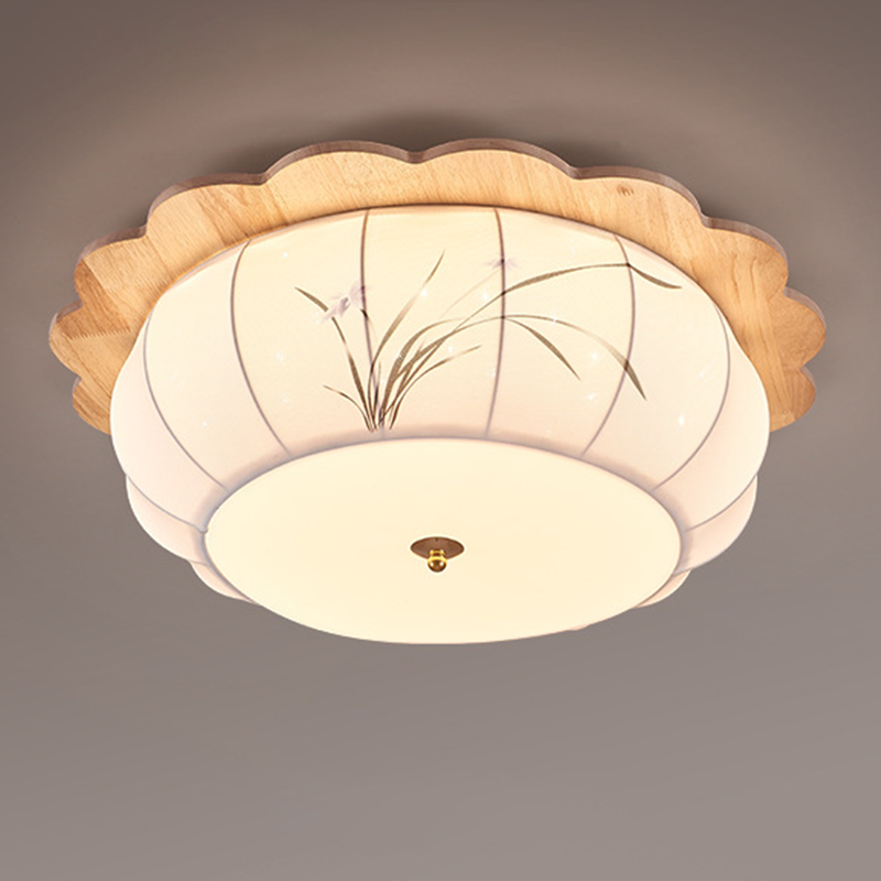 Traditional Chinese Floral Print Oak Wood Fabric Round LED Flush Mount Ceiling Light For Living Room