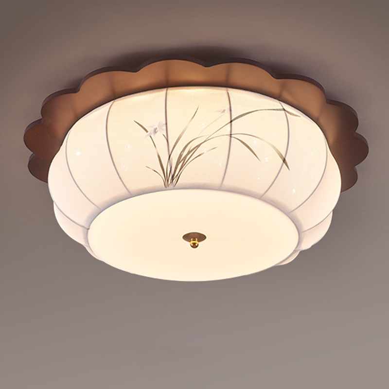 Traditional Chinese Floral Print Oak Wood Fabric Round LED Flush Mount Ceiling Light For Living Room