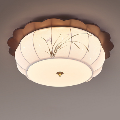 Traditional Chinese Floral Print Oak Wood Fabric Round LED Flush Mount Ceiling Light For Living Room