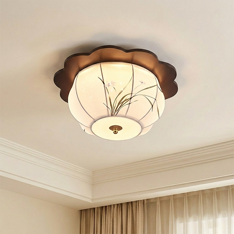 Traditional Chinese Floral Print Oak Wood Fabric Round LED Flush Mount Ceiling Light For Living Room