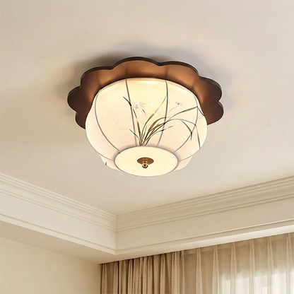 Traditional Chinese Floral Print Oak Wood Fabric Round LED Flush Mount Ceiling Light For Living Room