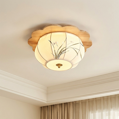 Traditional Chinese Floral Print Oak Wood Fabric Round LED Flush Mount Ceiling Light For Living Room