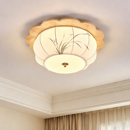 Traditional Chinese Floral Print Oak Wood Fabric Round LED Flush Mount Ceiling Light For Living Room