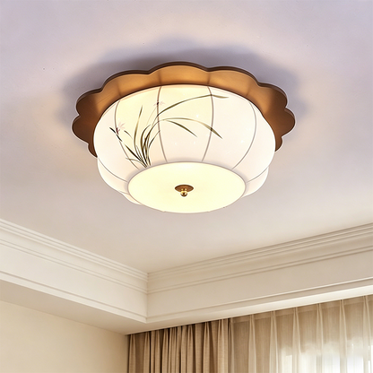 Traditional Chinese Floral Print Oak Wood Fabric Round LED Flush Mount Ceiling Light For Living Room