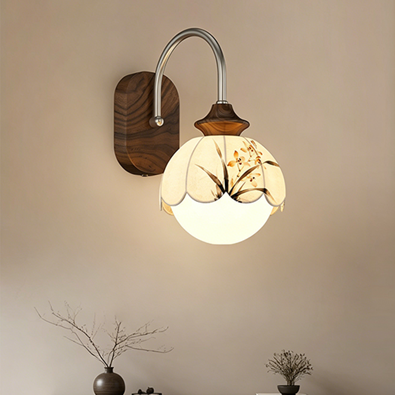 Traditional Chinese Floral Print Iron Fabric Round 1-Light Wall Sconce Lamp For Bedroom