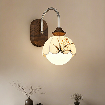 Traditional Chinese Floral Print Iron Fabric Round 1-Light Wall Sconce Lamp For Bedroom