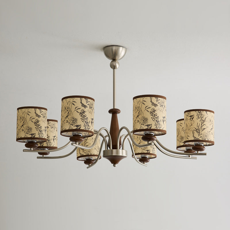 Contemporary Retro Ash Wood Metal Faux Sheepskin Cylindrical 3/5/8-Light Chandelier For Living Room