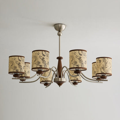 Contemporary Retro Ash Wood Metal Faux Sheepskin Cylindrical 3/5/8-Light Chandelier For Living Room
