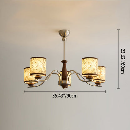 Contemporary Retro Ash Wood Metal Faux Sheepskin Cylindrical 3/5/8-Light Chandelier For Living Room