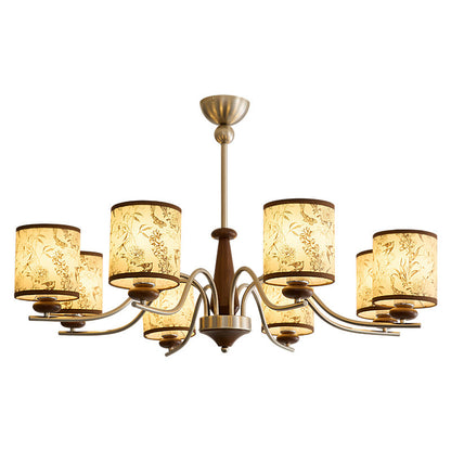 Contemporary Retro Ash Wood Metal Faux Sheepskin Cylindrical 3/5/8-Light Chandelier For Living Room