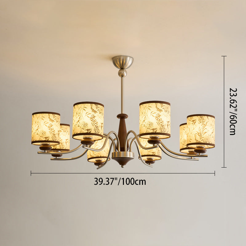 Contemporary Retro Ash Wood Metal Faux Sheepskin Cylindrical 3/5/8-Light Chandelier For Living Room