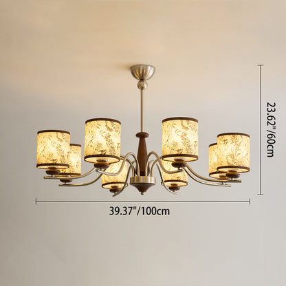 Contemporary Retro Ash Wood Metal Faux Sheepskin Cylindrical 3/5/8-Light Chandelier For Living Room