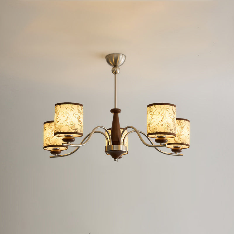 Contemporary Retro Ash Wood Metal Faux Sheepskin Cylindrical 3/5/8-Light Chandelier For Living Room
