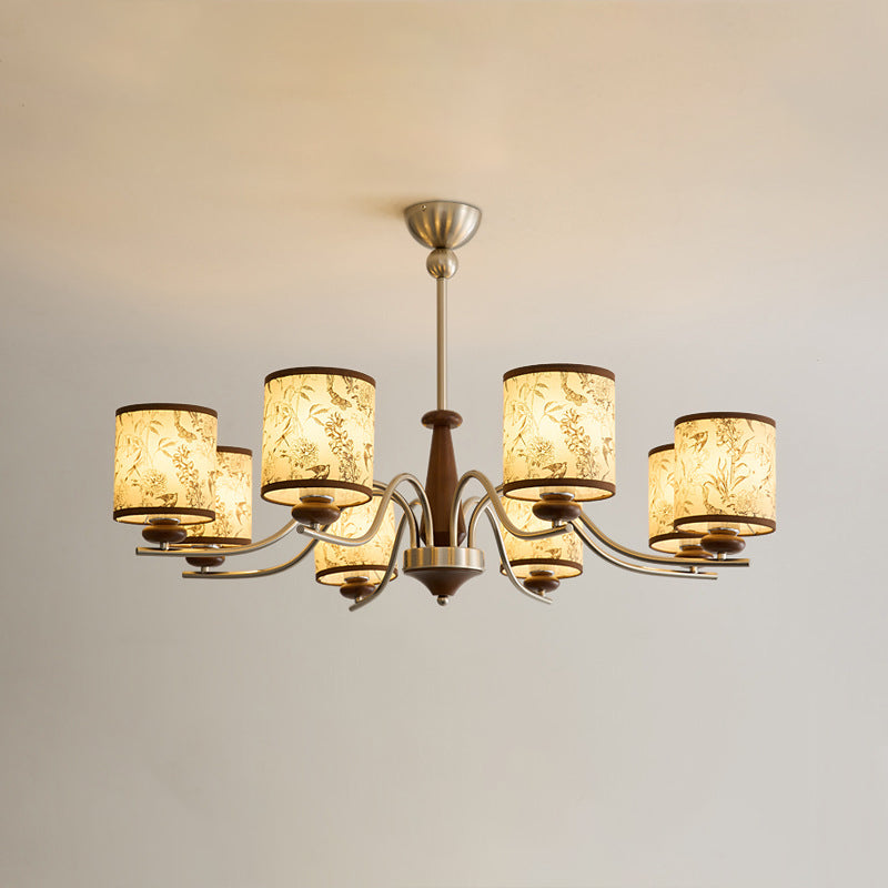 Contemporary Retro Ash Wood Metal Faux Sheepskin Cylindrical 3/5/8-Light Chandelier For Living Room