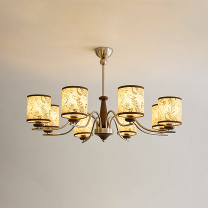 Contemporary Retro Ash Wood Metal Faux Sheepskin Cylindrical 3/5/8-Light Chandelier For Living Room