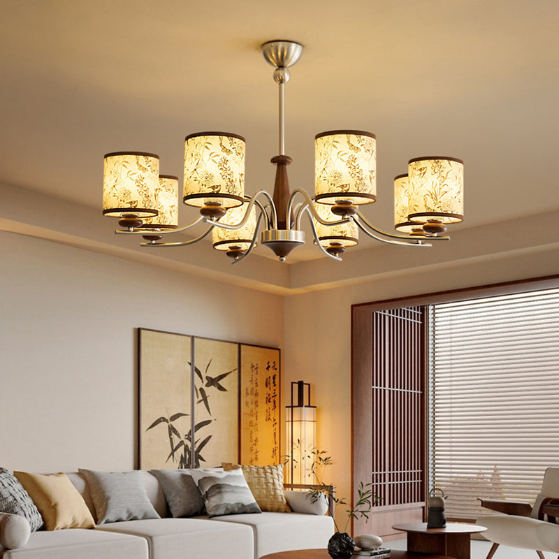 Contemporary Retro Ash Wood Metal Faux Sheepskin Cylindrical 3/5/8-Light Chandelier For Living Room