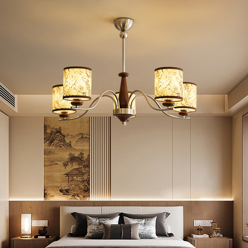 Contemporary Retro Ash Wood Metal Faux Sheepskin Cylindrical 3/5/8-Light Chandelier For Living Room