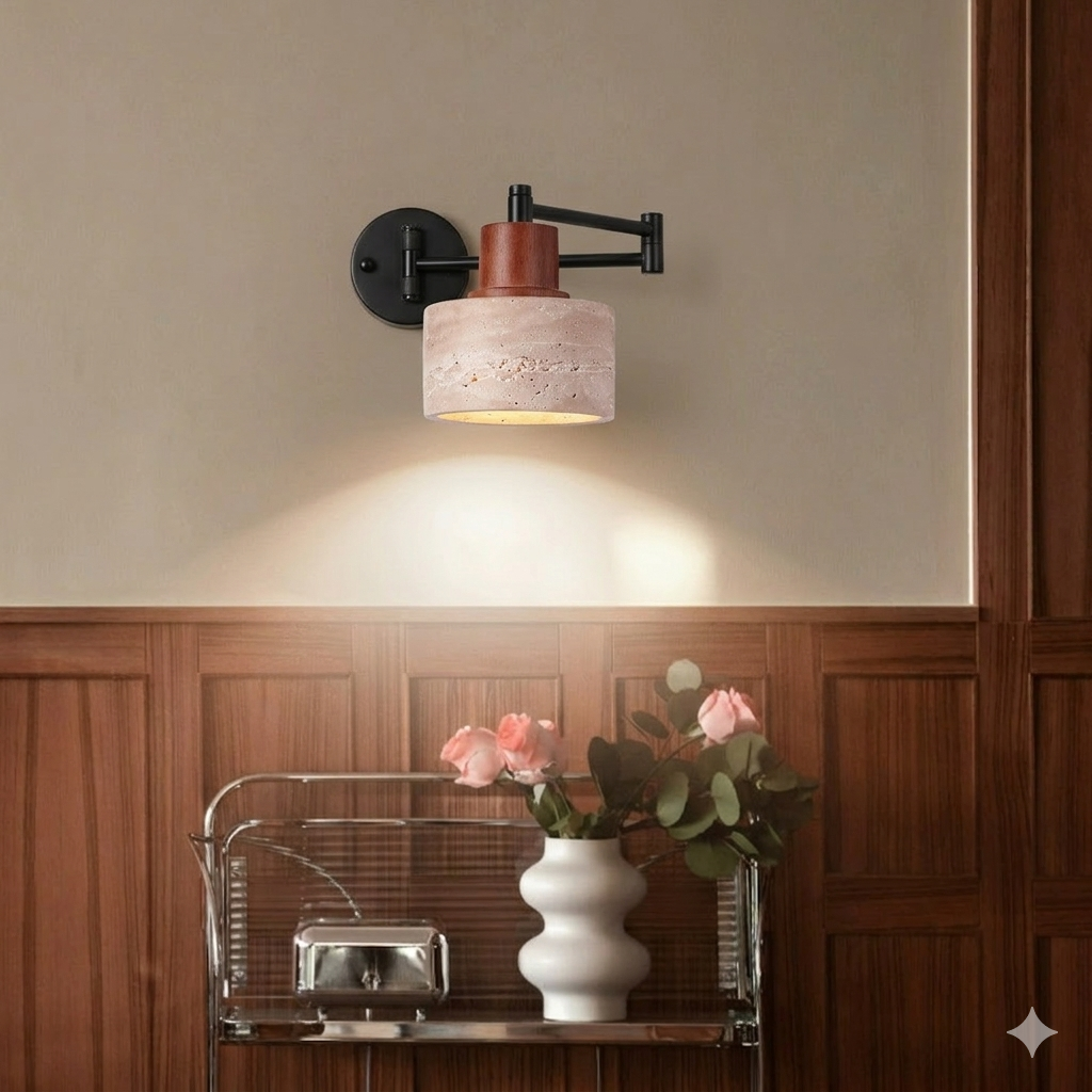 Contemporary Retro Yellow Travertine Walnut Wood Iron Cylinder & Truncated Cone 1-Light Wall Sconce Lamp For Bedroom