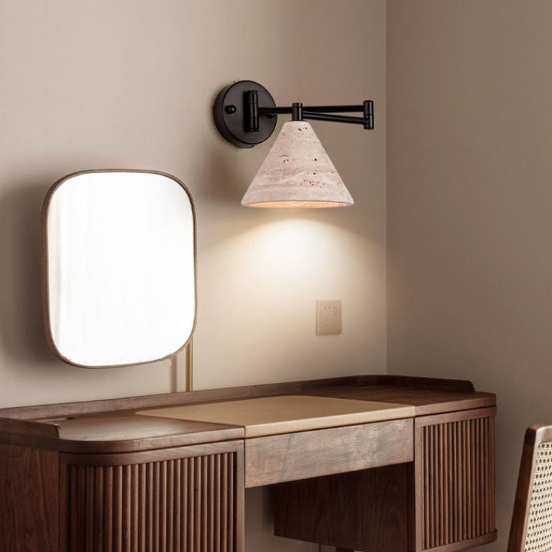 Contemporary Retro Yellow Travertine Walnut Wood Iron Cylinder & Truncated Cone 1-Light Wall Sconce Lamp For Bedroom